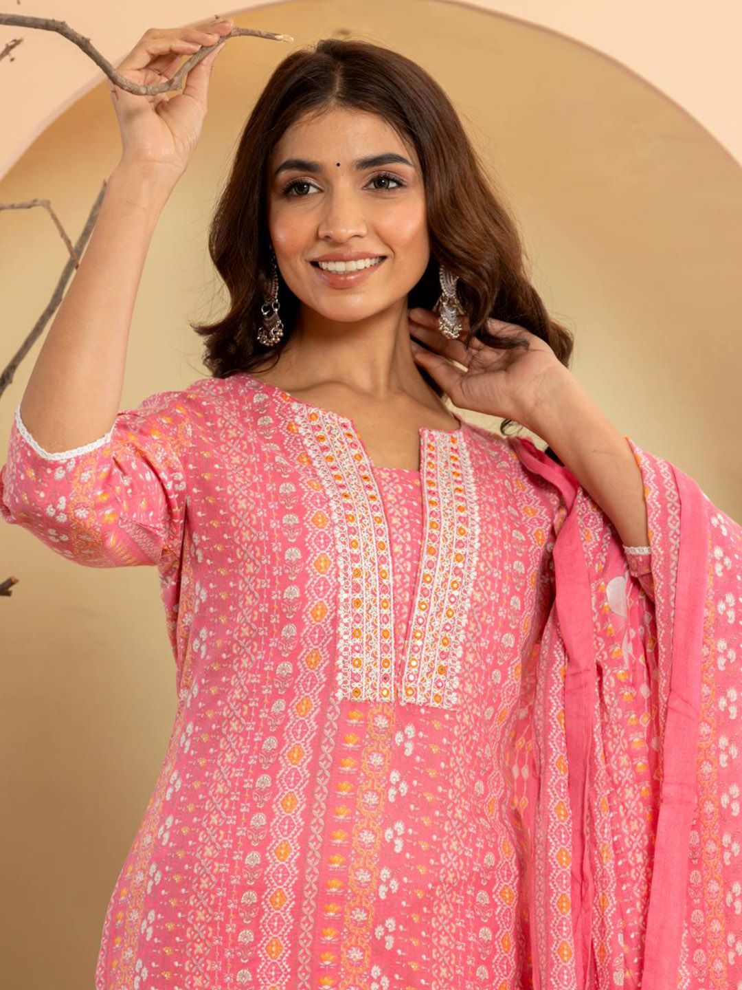 Dhiyona VA Women'sEthnic Motifs Printed Regular Mirror Work Kurta with Trousers & With Dupatta