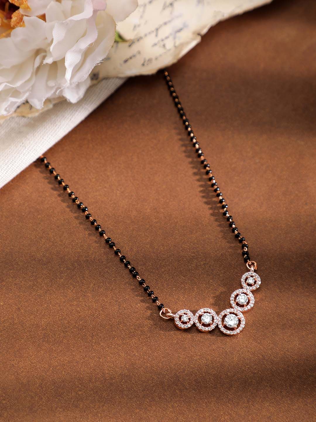 Dhiyona RJ Women's 18K Rose Gold Plated Cubic Zirconia Studded Black Beaded Mangalsutra
