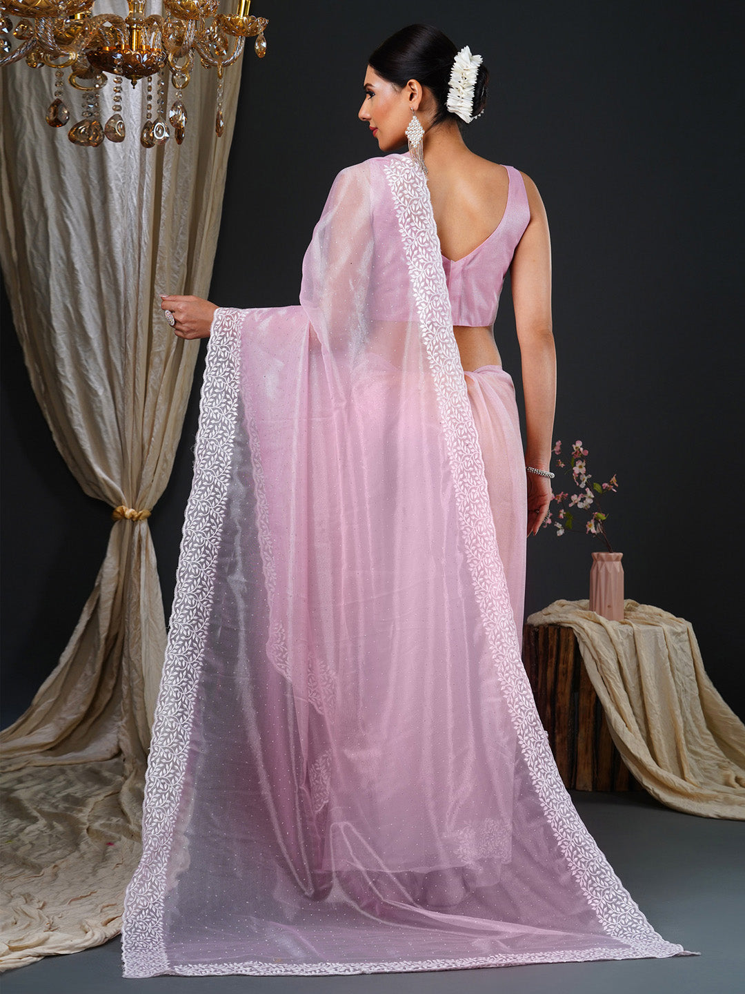 Women's Organza Pink Embroidered Designer Saree With Blouse Piece