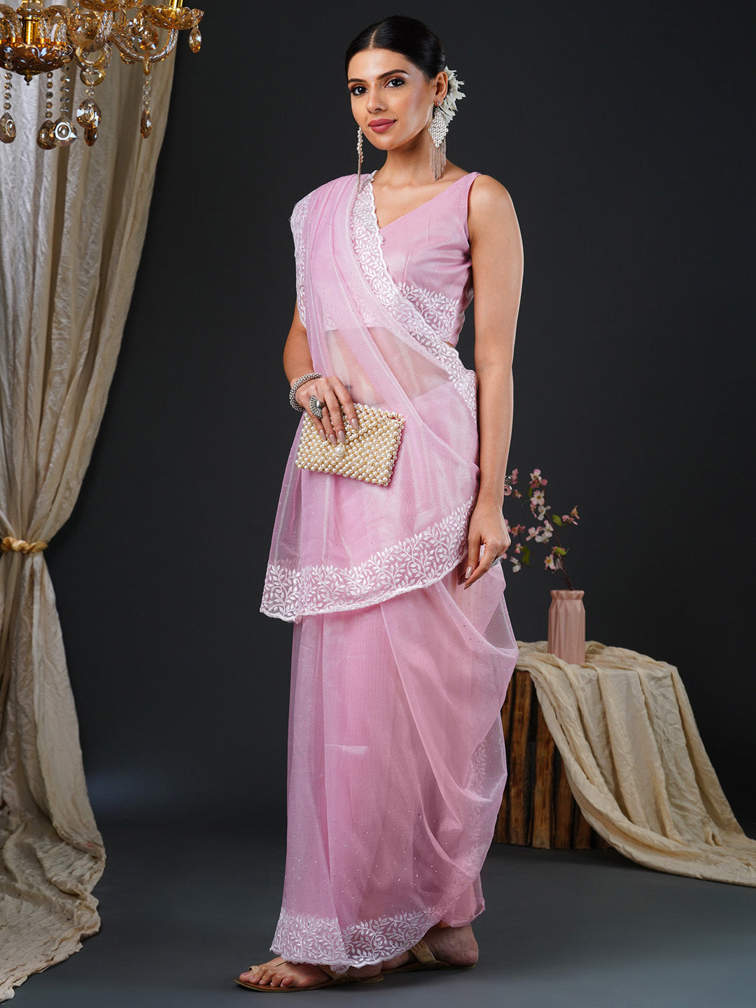 Women's Organza Pink Embroidered Designer Saree With Blouse Piece