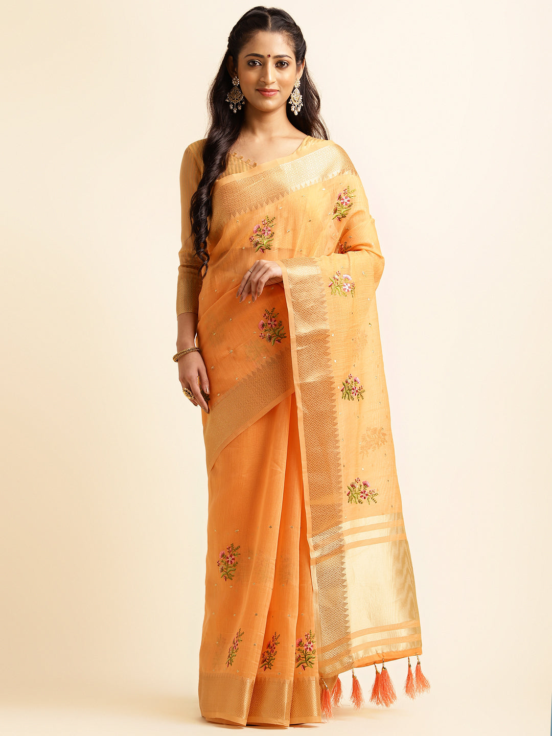 Dhiyona GR Women's Kashmira Peach Orange Cotton Silk Saree