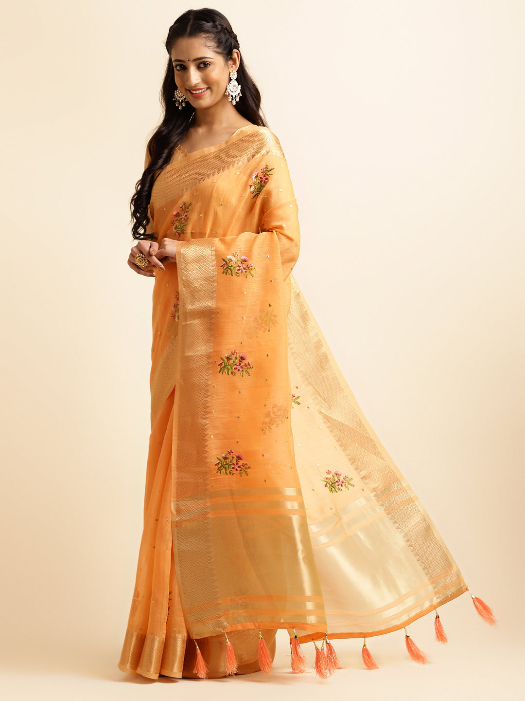 Dhiyona GR Women's Kashmira Peach Orange Cotton Silk Saree