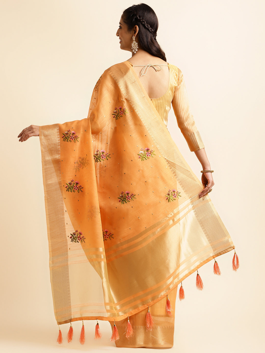Dhiyona GR Women's Kashmira Peach Orange Cotton Silk Saree
