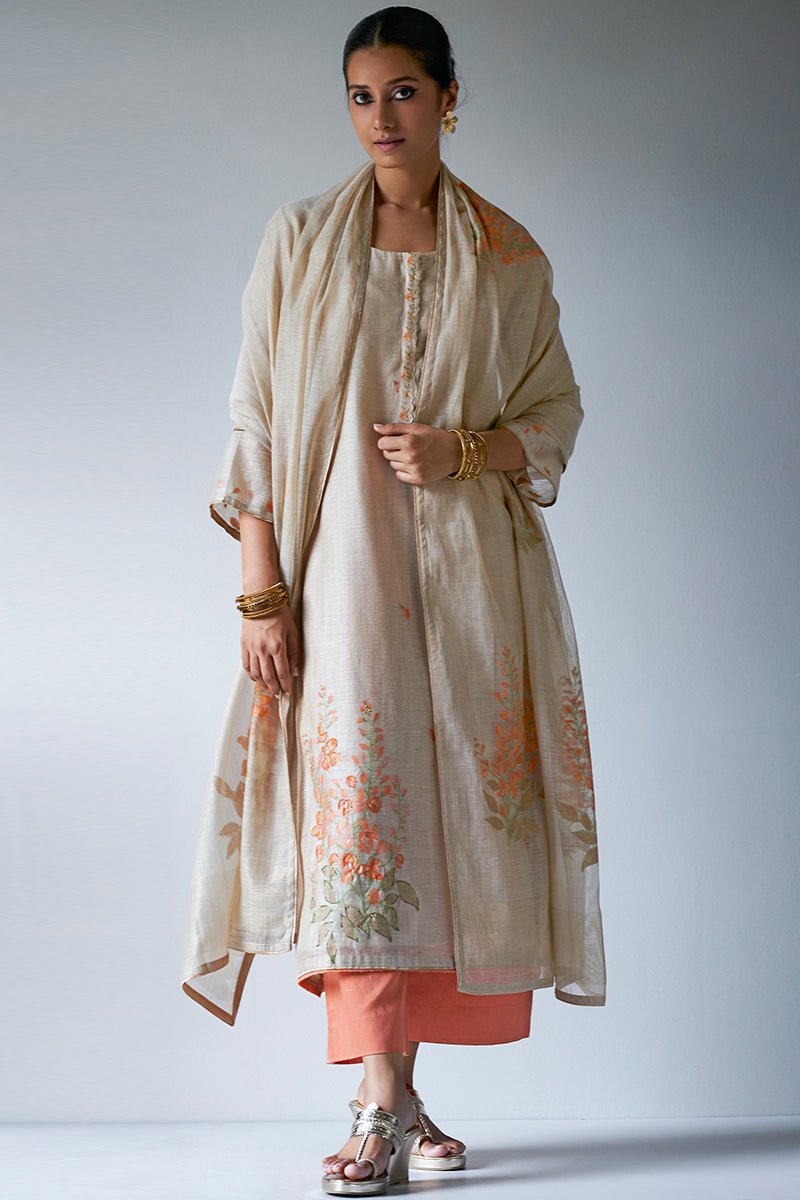 Women's Beige Woven Viscose Chanderi Kurta Suit Set With Delicate Hand Work Detailing and Embroidery Placket