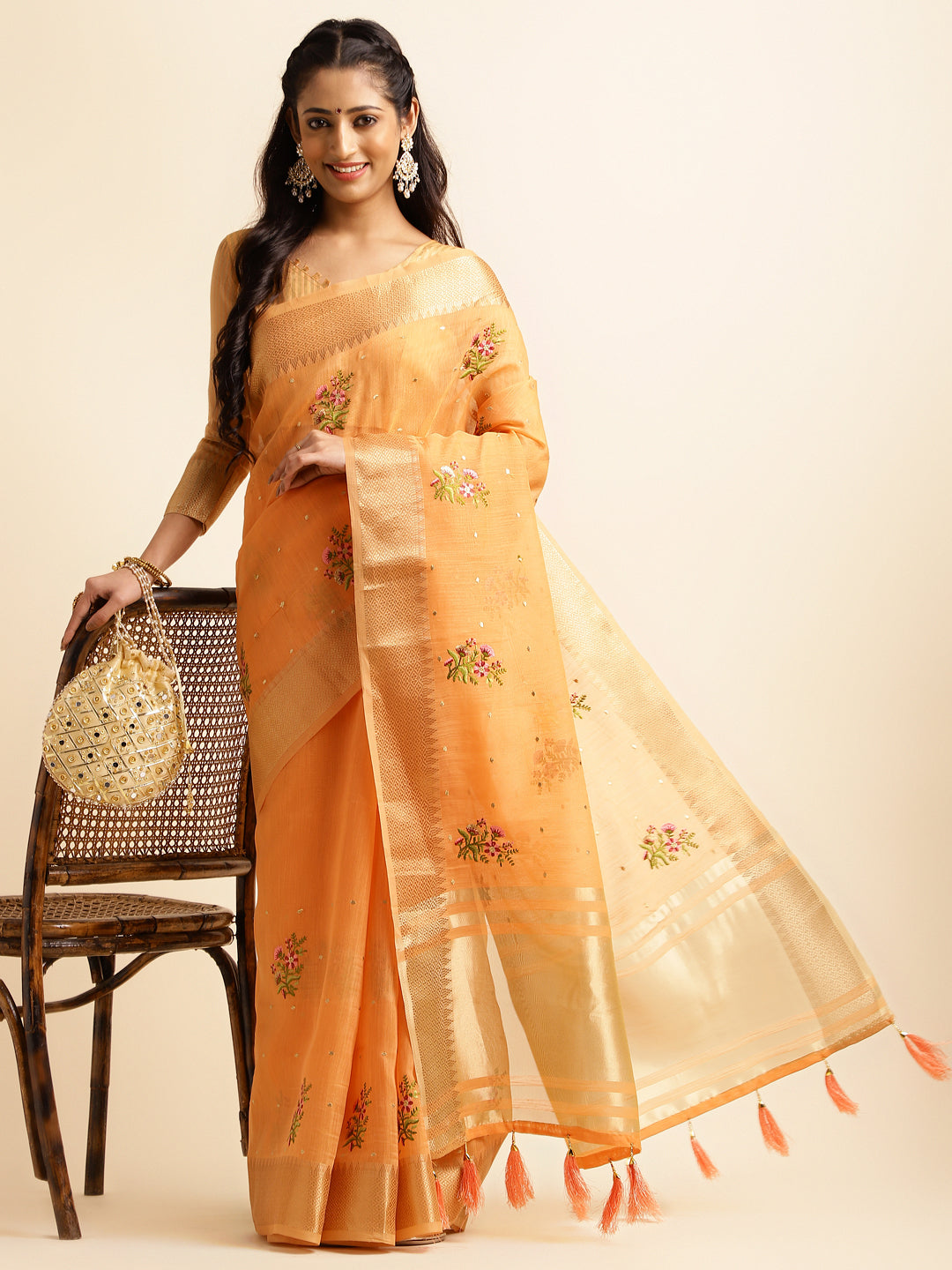 Dhiyona GR Women's Kashmira Peach Orange Cotton Silk Saree