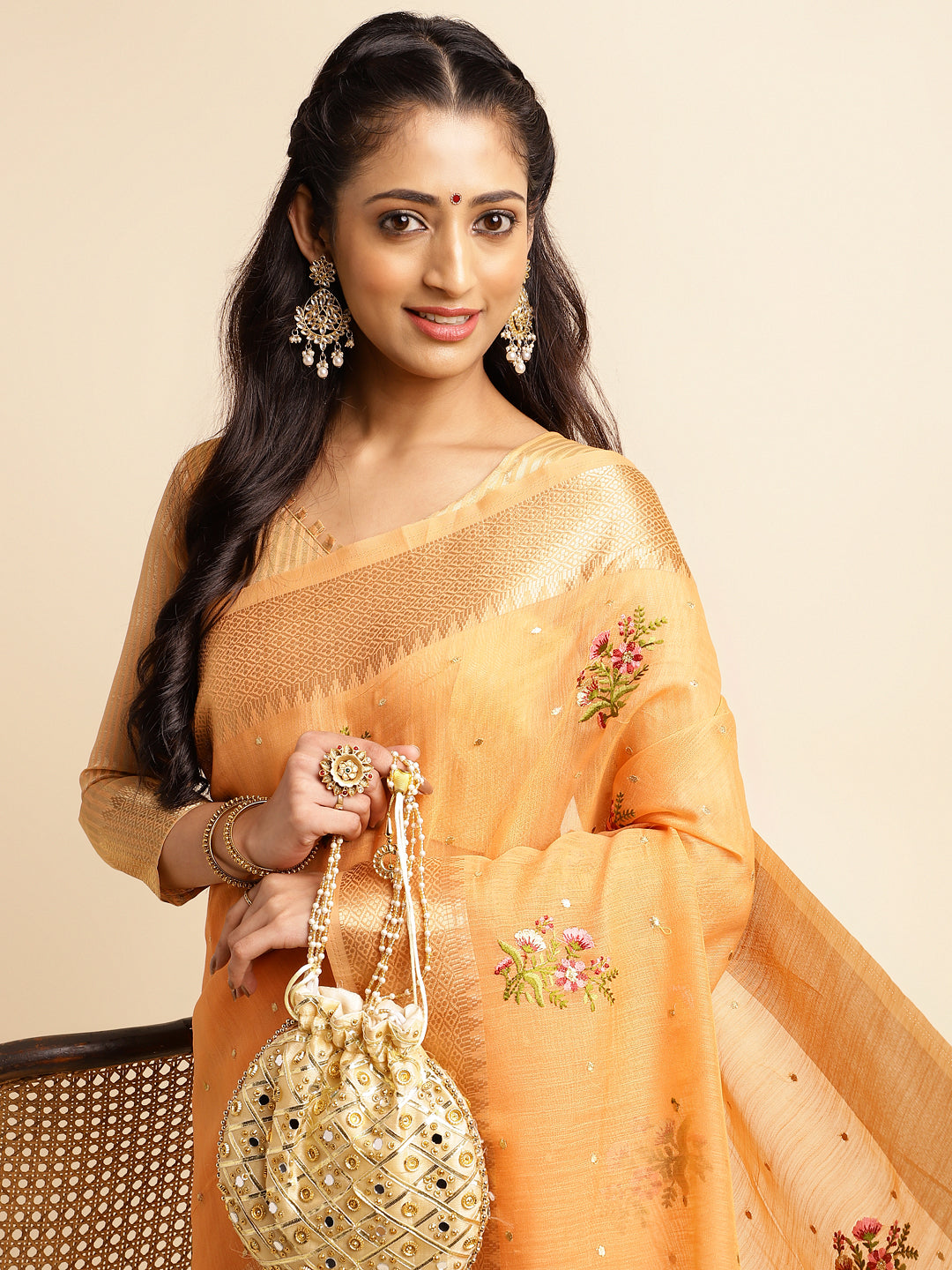 Dhiyona GR Women's Kashmira Peach Orange Cotton Silk Saree