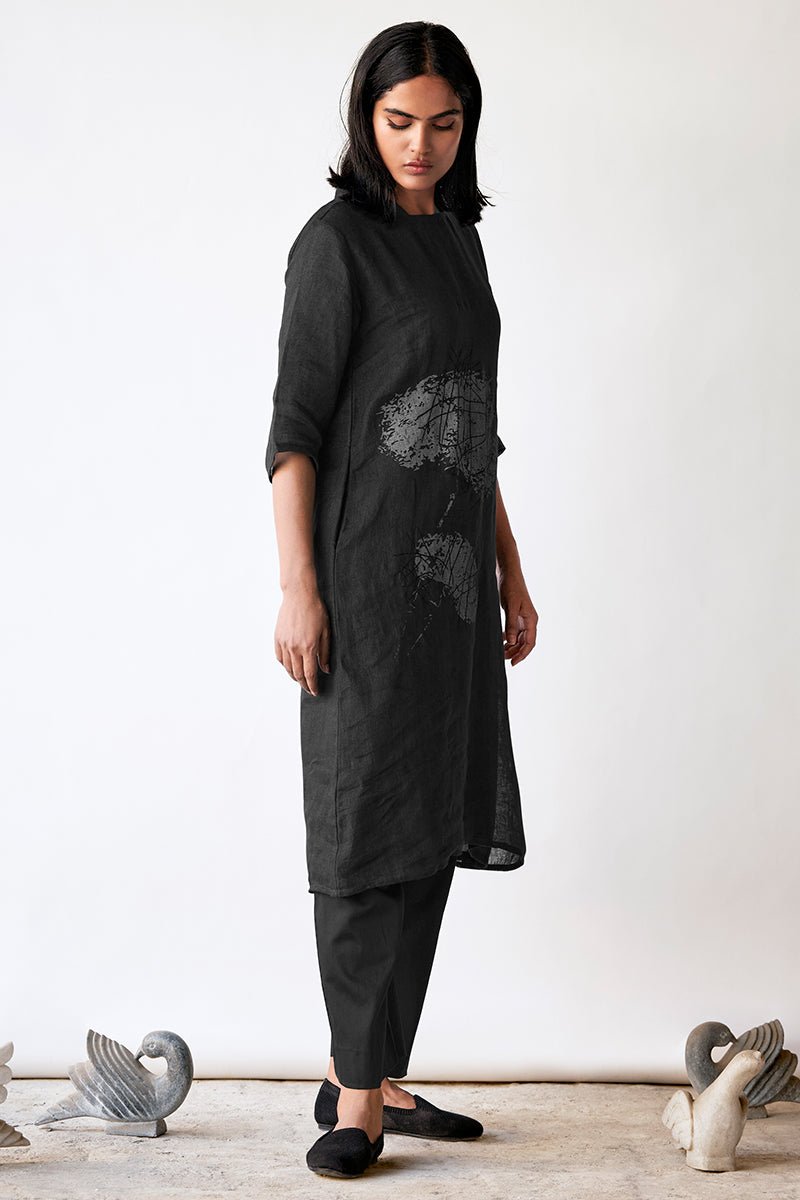 Women's Black Hand Printed Linen Co-ord Set