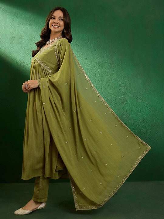 Women's Embroidered V-Neck Kurta With Trousers & Dupatta