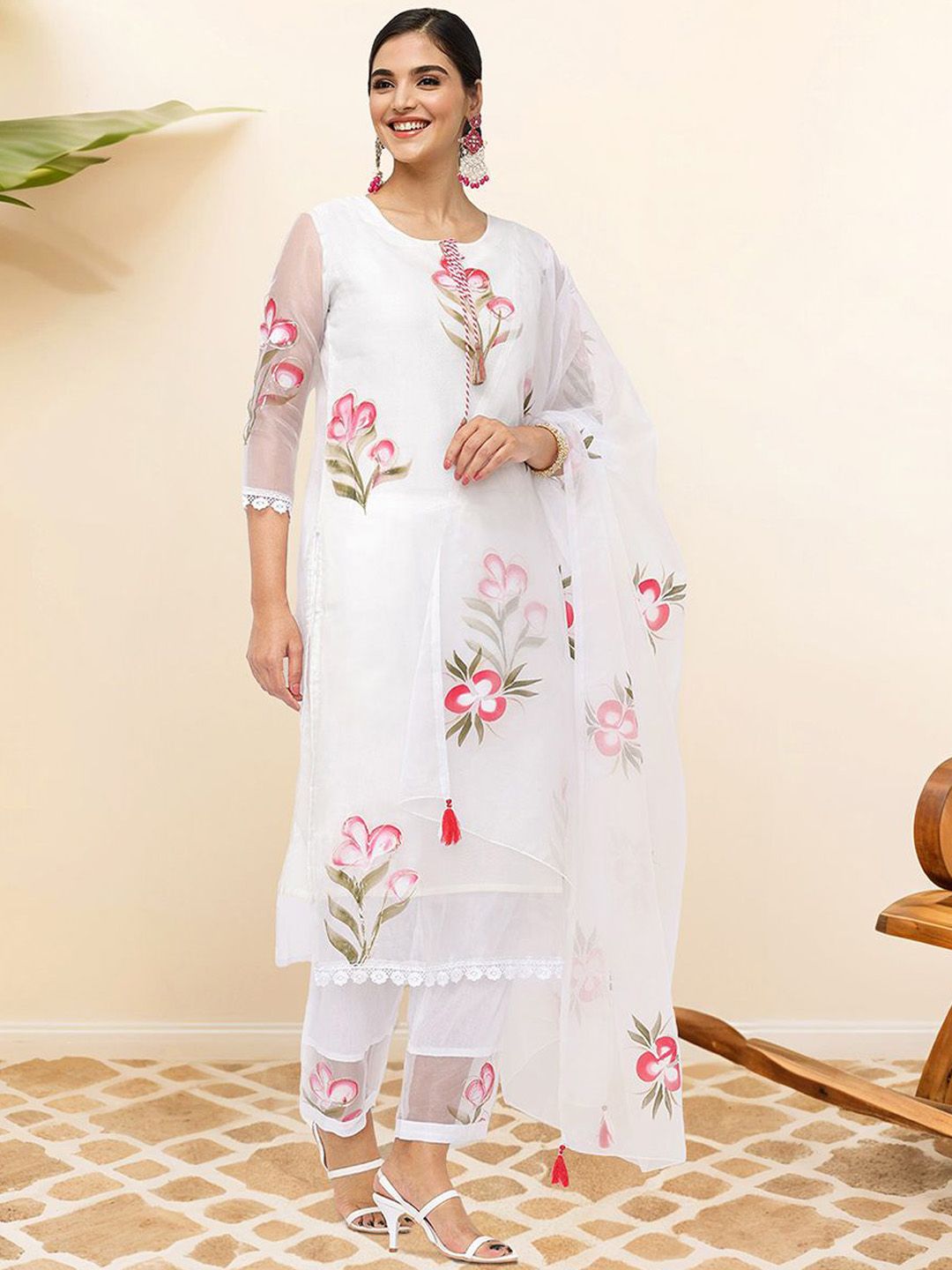 Dhiyona IS Women's Floral Printed Tie Up Neck Straight Kurta With Trousers & Dupatta