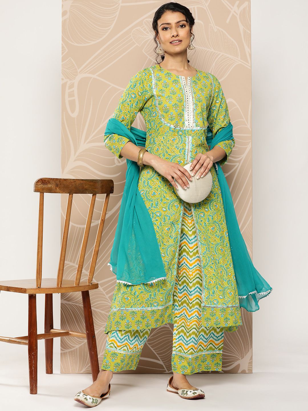 Dhiyona VA Women'sFloral Printed Mirror Work Pure Cotton Kurta With Palazzos & Dupatta