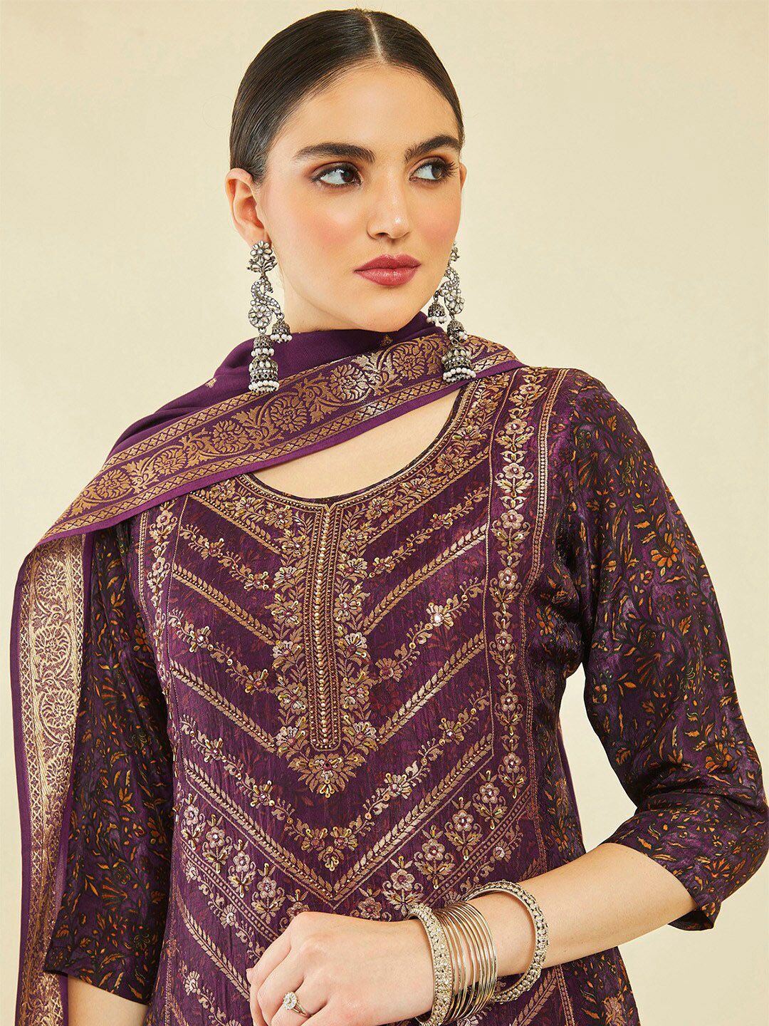 Dhiyona SO Women's Ethnic Motifs Printed Beads and Stones Thread Work Kurta with Trousers & Dupatta