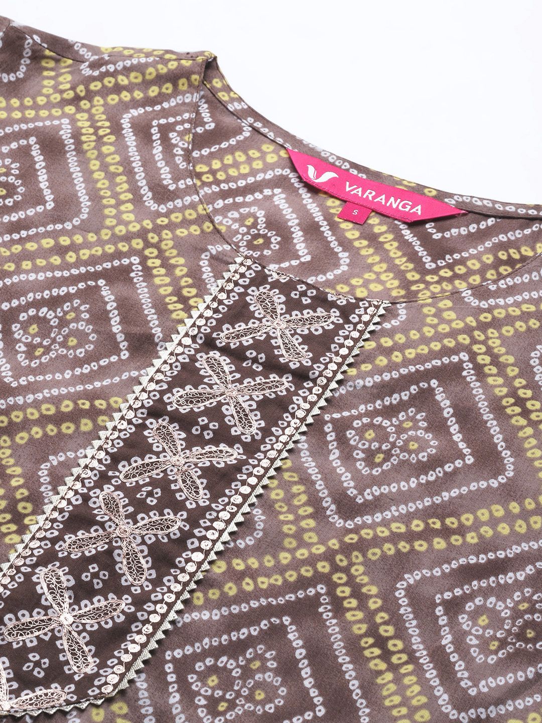 Dhiyona VA Women's Brown Bandhani Printed Gotta Patti Pure Cotton Kurta with Palazzos & With Dupatta