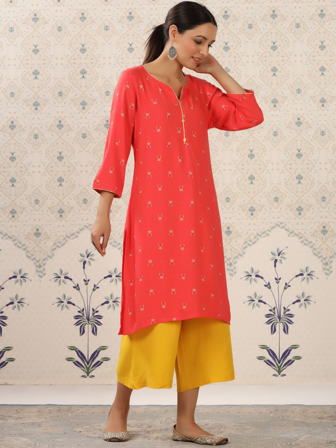 Dhiyona OD Red & Yellow Ethnic Motif Printed Notched Neck Kurta With Palazzos