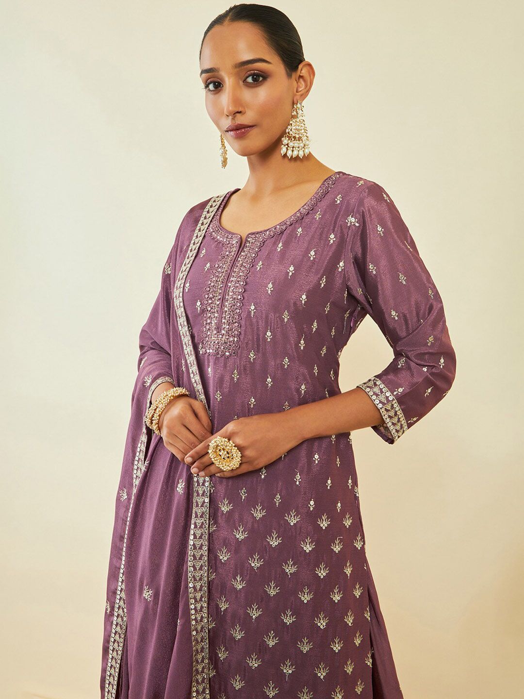 Dhiyona SO Women's Ethnic Motifs Embroidered Sequinned Kurta with Palazzos & Dupatta