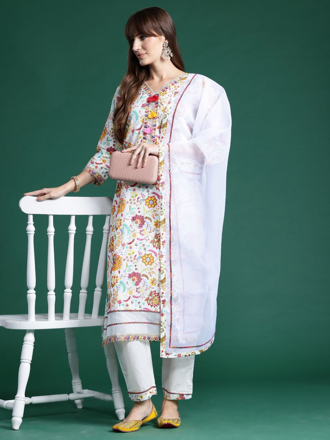 Floral Printed Sequinned Pure Cotton Kurta With Trousers & Dupatta