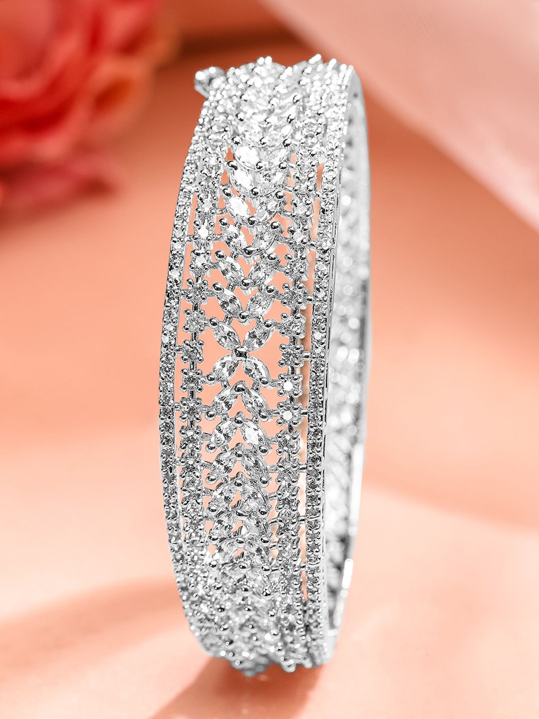 Dhiyona RJ Women's Rhodium-Plated White Cubic Zirconia Studded Openable Bracelet with Classic Design