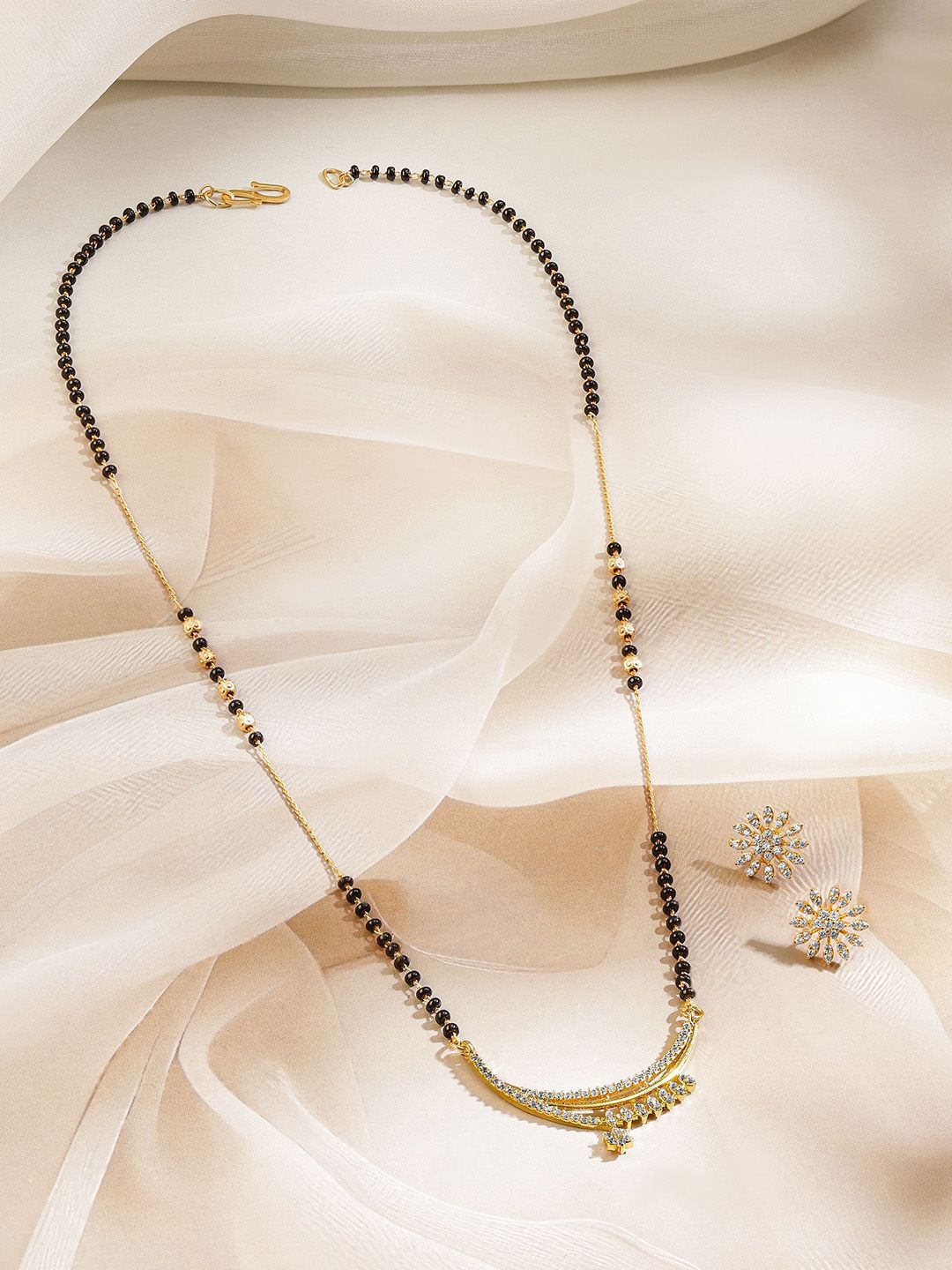 Dhiyona RJ Women's 18K Gold-Plated Cubic Zirconia Crescent Moon Mangalsutra Set with Black Beads Chain