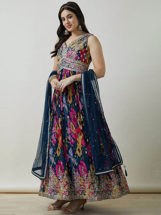 Dhiyona SO Women's Chinon Blend Botanical Print Gown With Sequins