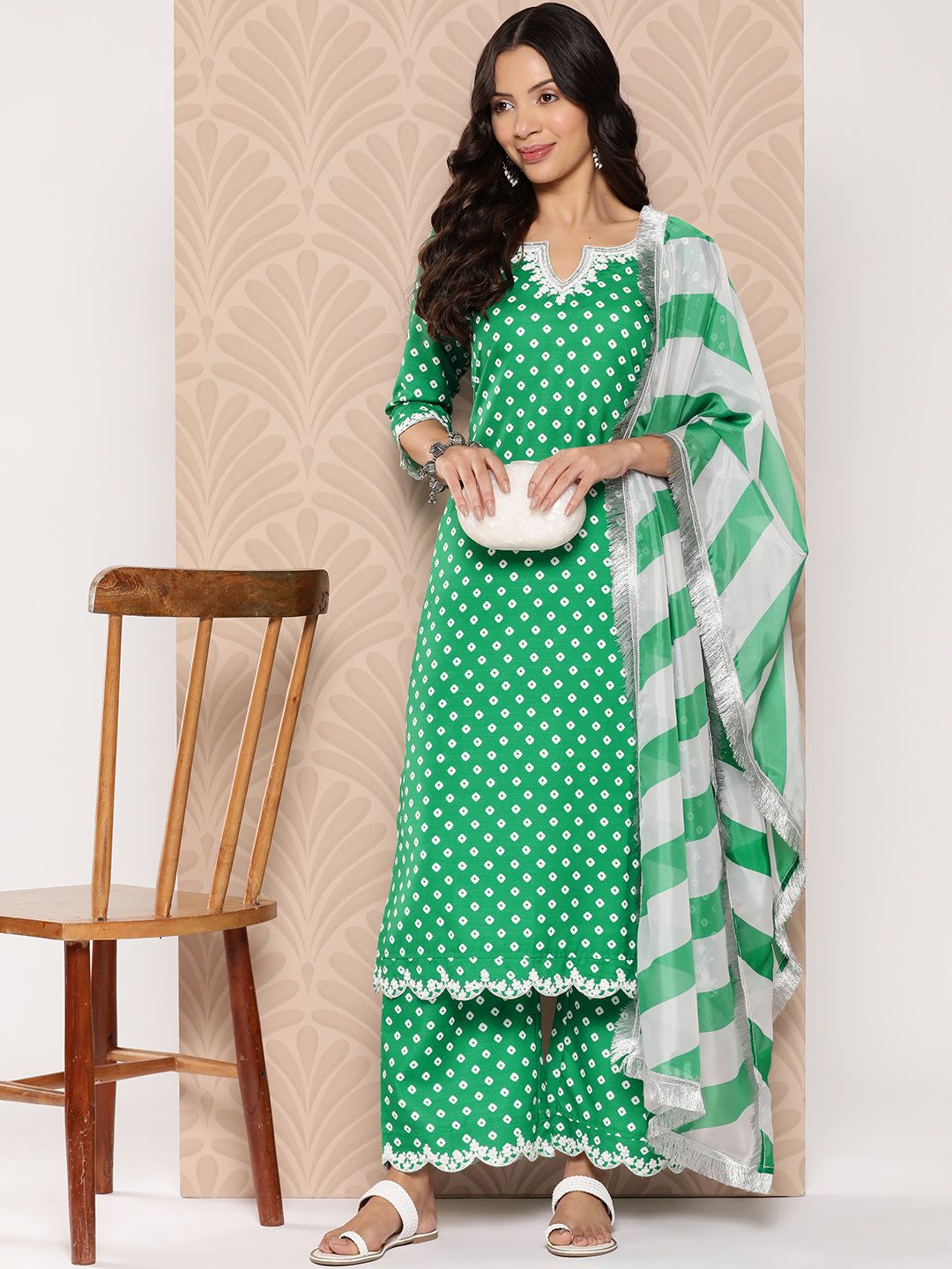 Dhiyona VA Women'sBandhani Printed Sequinned Kurta with Palazzos & Dupatta