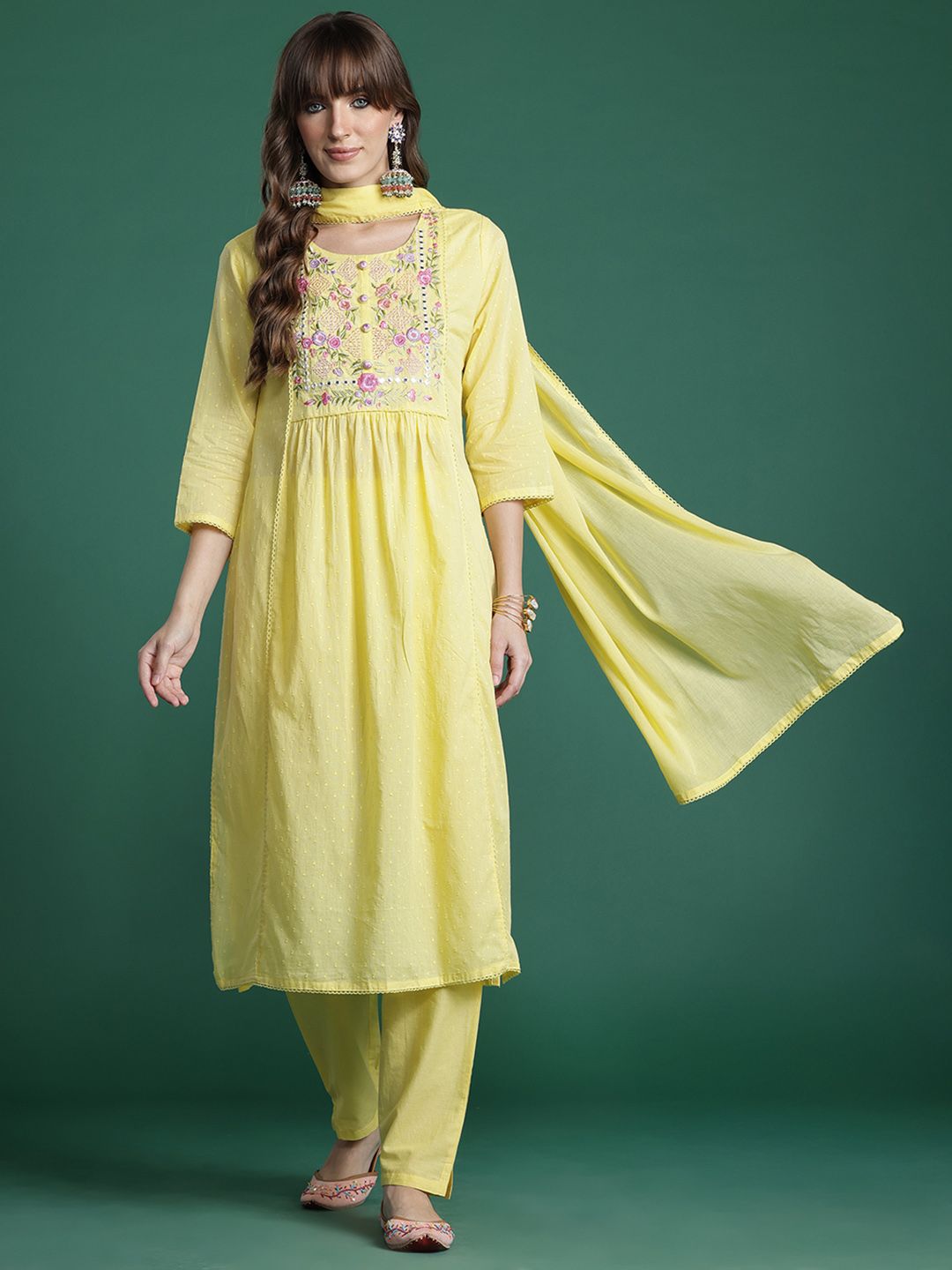 Floral Embroidered Kurta with Trousers & Dupatta
