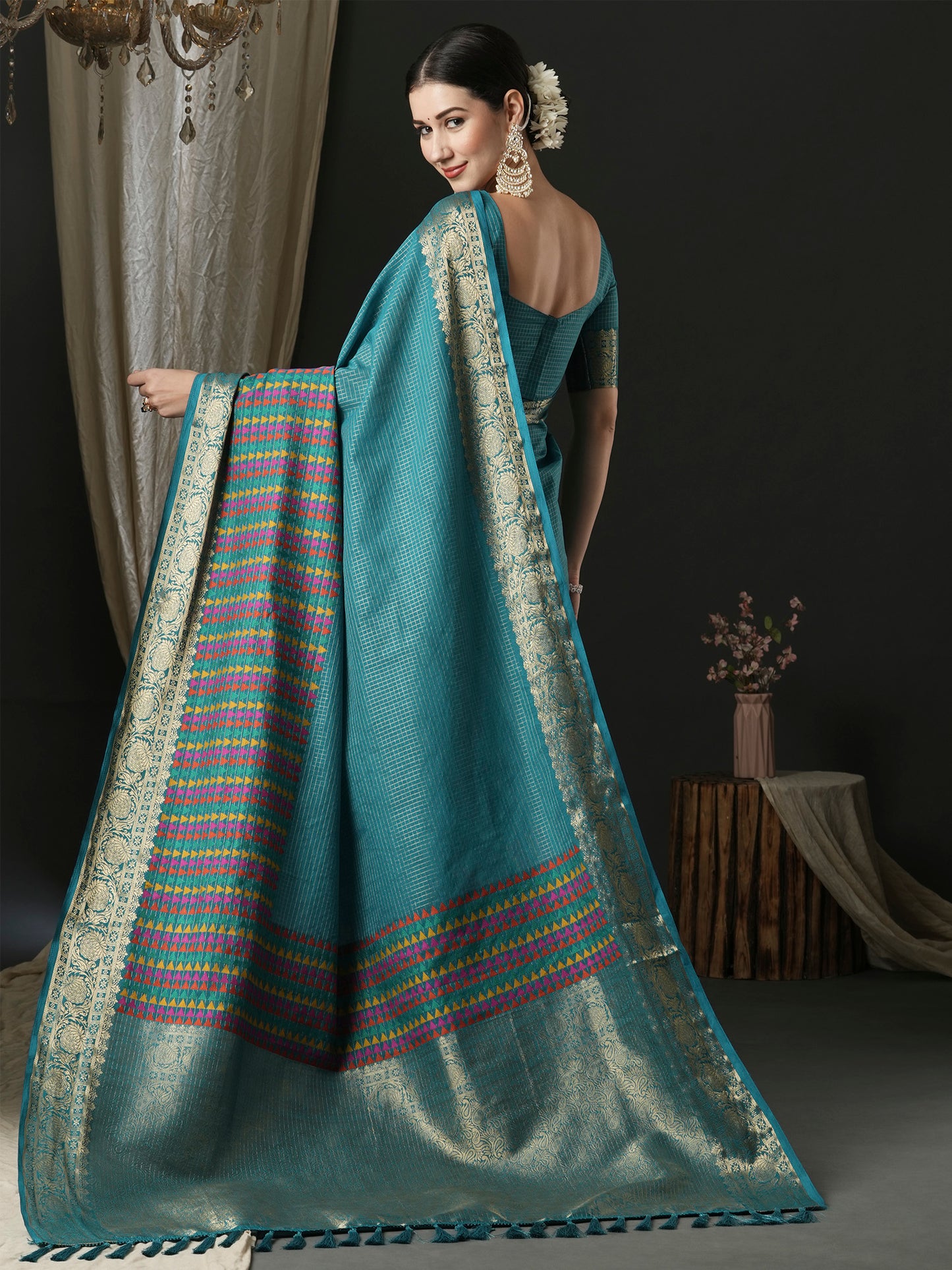 Women's Silk Blend Blue Woven Design Designer Saree With Blouse Piece