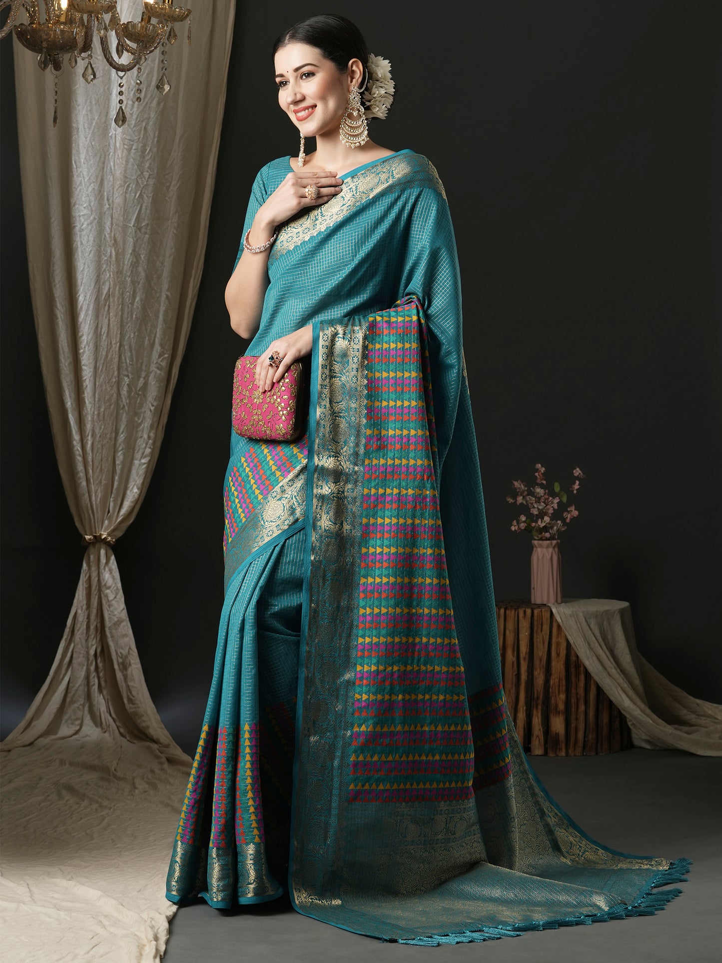 Women's Silk Blend Blue Woven Design Designer Saree With Blouse Piece