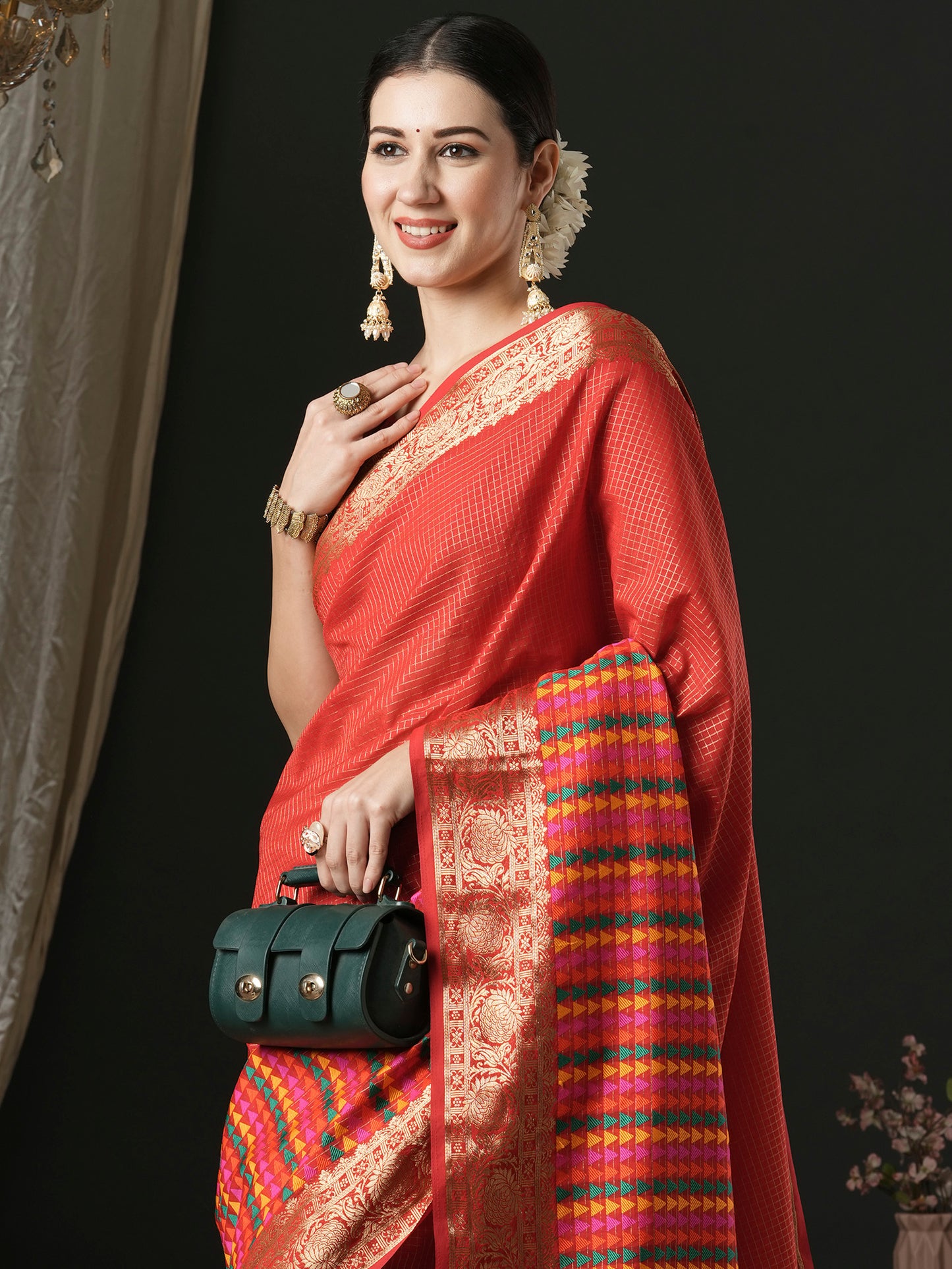 Women's Silk Blend Red Woven Design Designer Saree With Blouse Piece