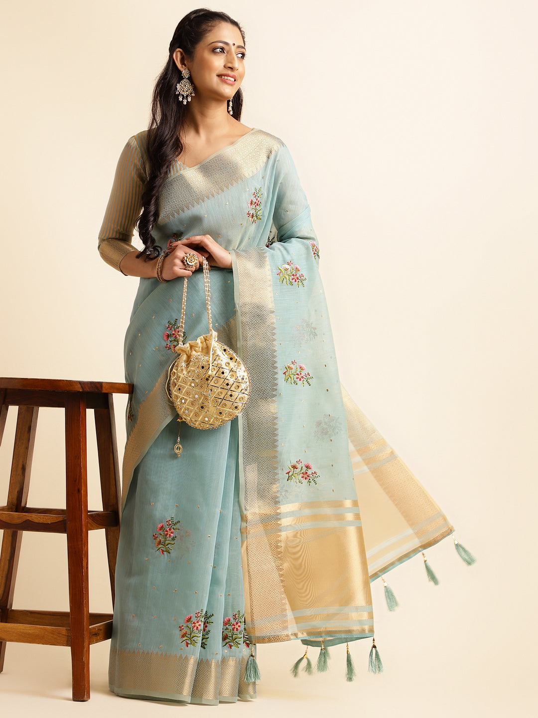 Dhiyona GR Women's Kashmira Sky Cotton Silk Saree