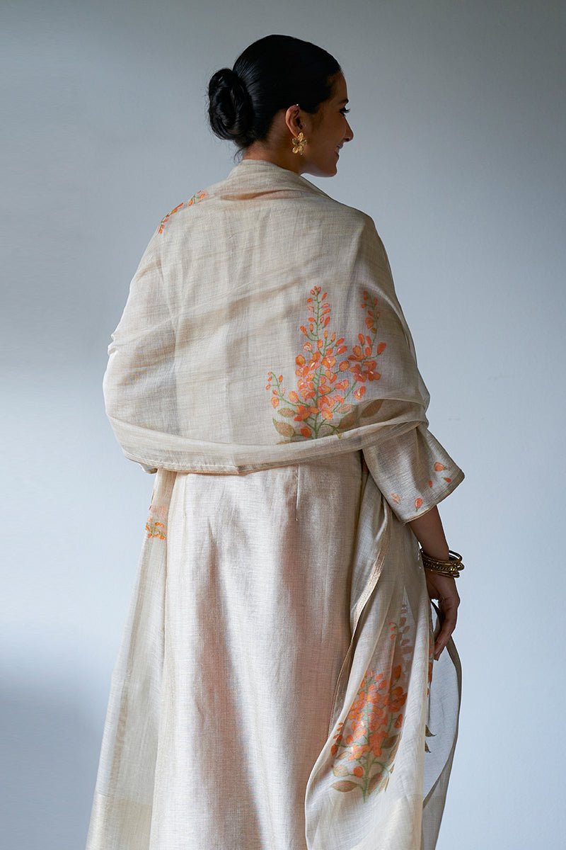 Women's Beige Woven Viscose Chanderi Kurta Suit Set With Delicate Hand Work Detailing and Embroidery Placket