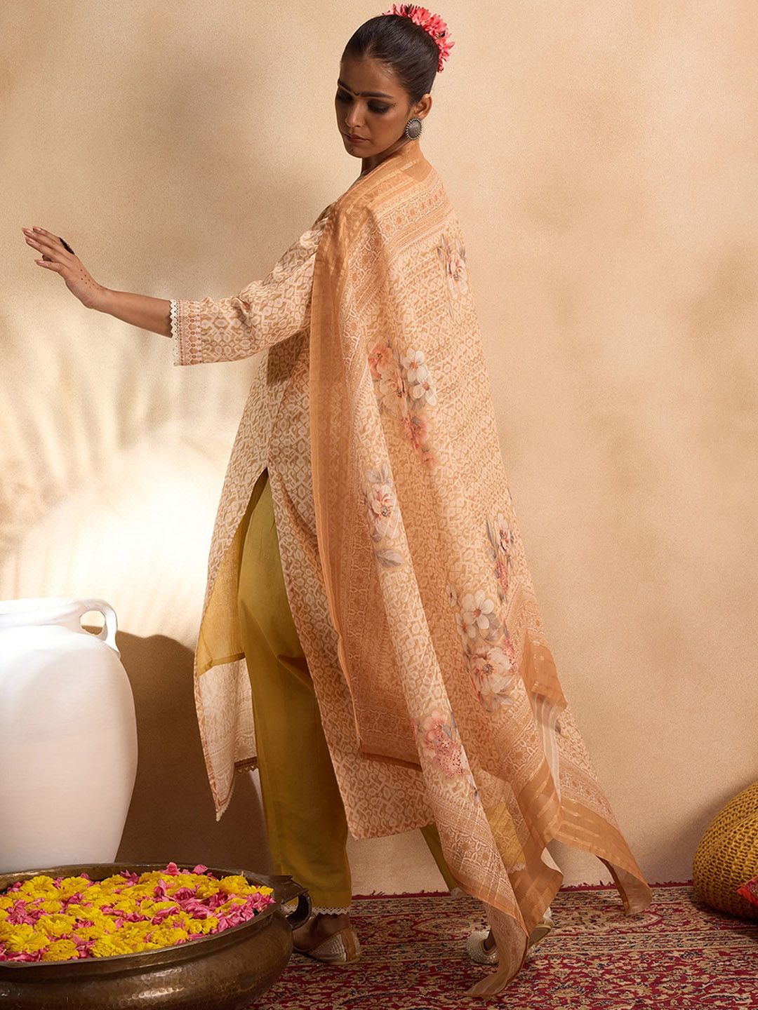 Dhiyona IE Ethnic Motifs Printed Pure Cotton Straight Kurta with Trousers & Dupatta