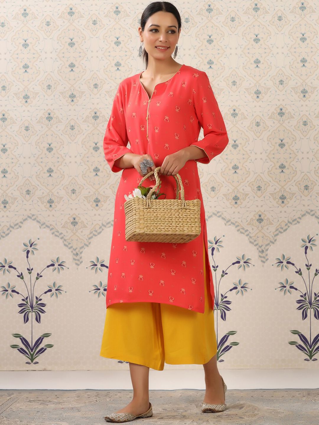 Dhiyona OD Red & Yellow Ethnic Motif Printed Notched Neck Kurta With Palazzos
