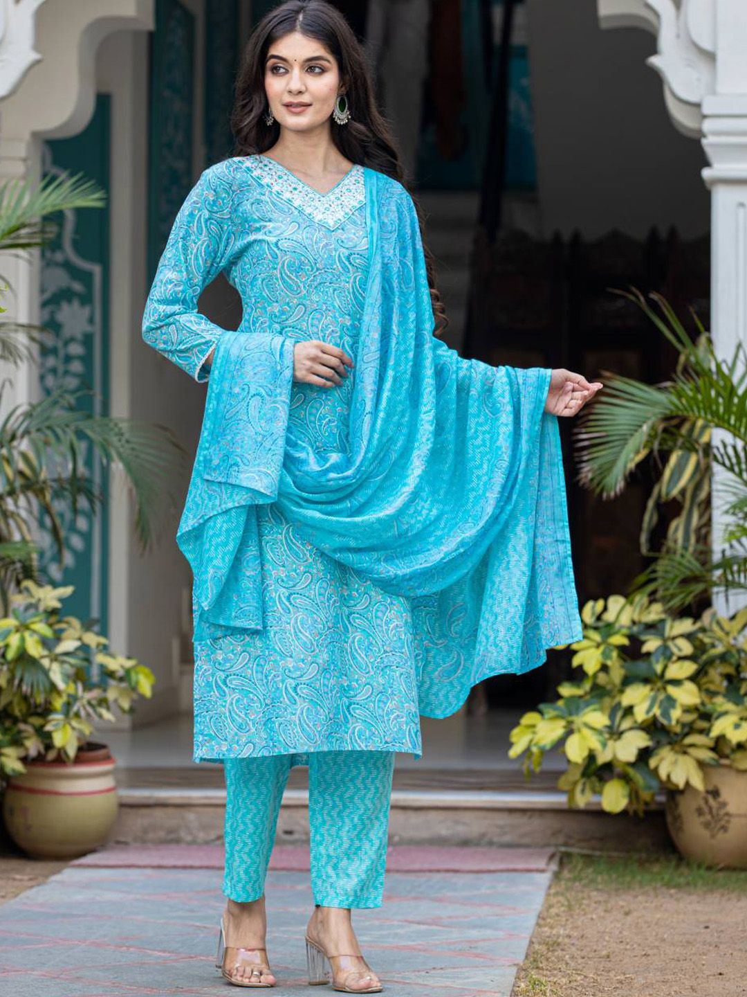 Dhiyona VA Women'sPaisley Printed Regular Mirror Work Kurta with Trouser & Dupatta