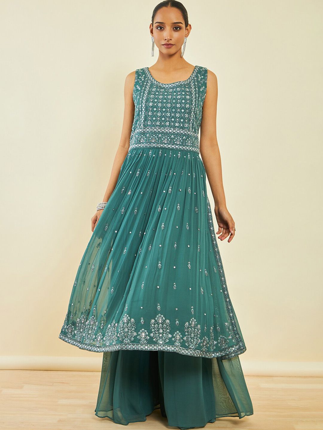 Dhiyona SO Women's Floral Embroidered Beads And Stones A-line Kurta With Palazzos & Dupatta