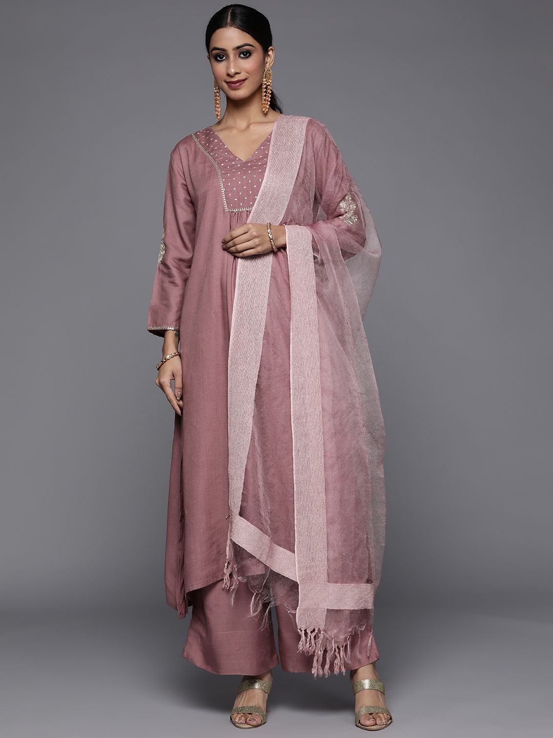 Dhiyona VA Women's Mauve Embroidered Kurta with Palazzos & With Dupatta