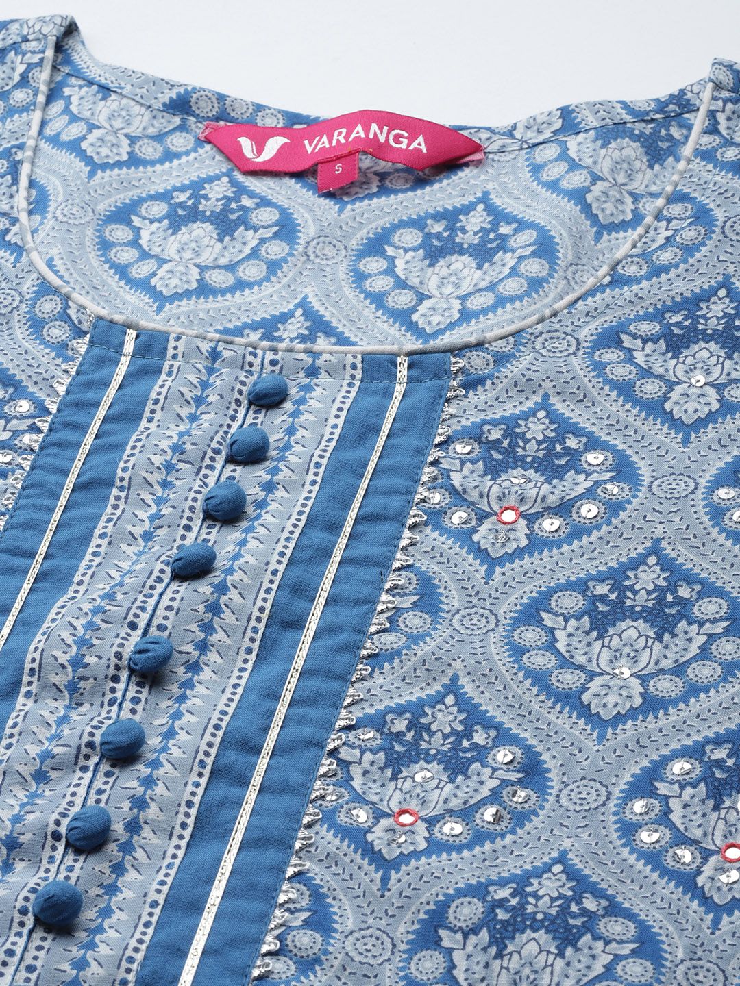 Dhiyona VA Women's Blue & Grey Ethnic Printed Pure Cotton Kurta with Trousers & Dupatta
