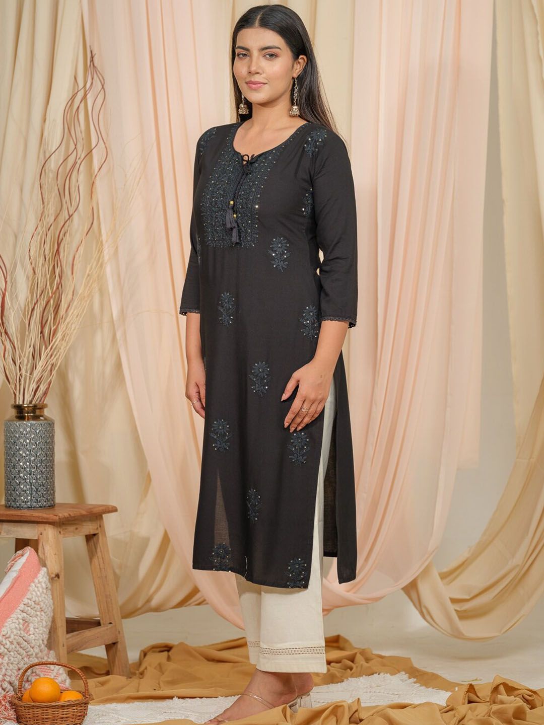 Dhiyona OD Tie U[p Neck Sequined Embroidered Straight Kurta