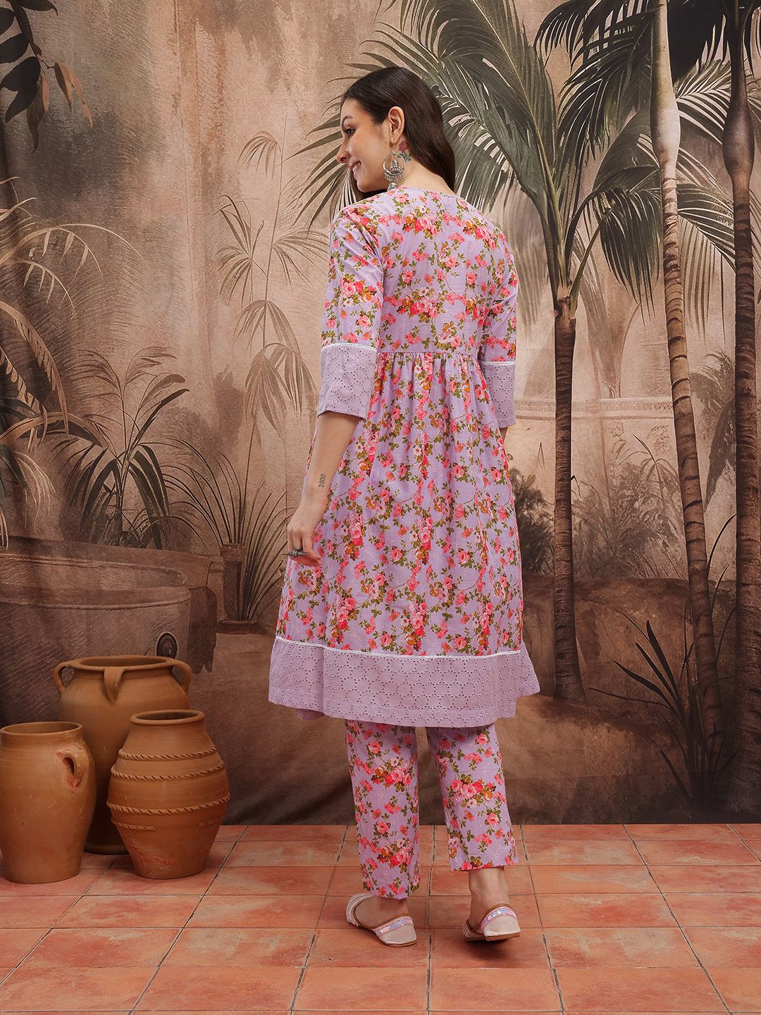 Dhiyona SN Women's Floral Print Empire Lace Insert Detail Pure Cotton A-Line Kurta with Trousers