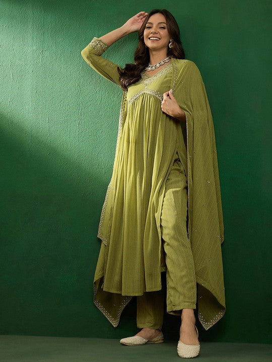 Women's Embroidered V-Neck Kurta With Trousers & Dupatta