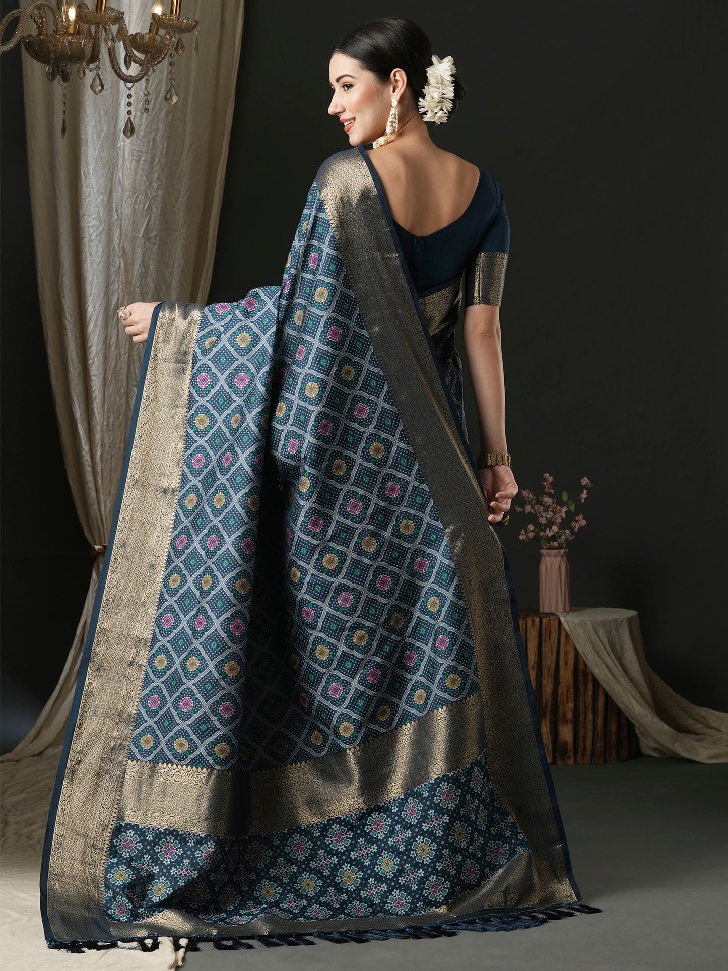 Women's Silk Blend Navy Blue Woven Design Designer Saree With Blouse Piece