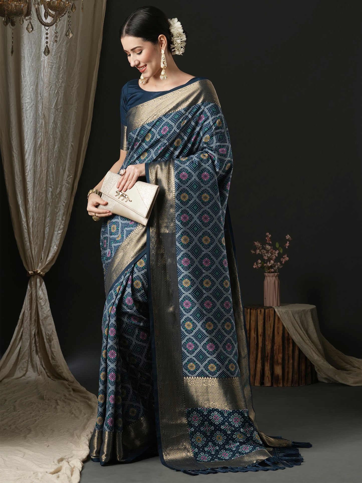 Women's Silk Blend Navy Blue Woven Design Designer Saree With Blouse Piece