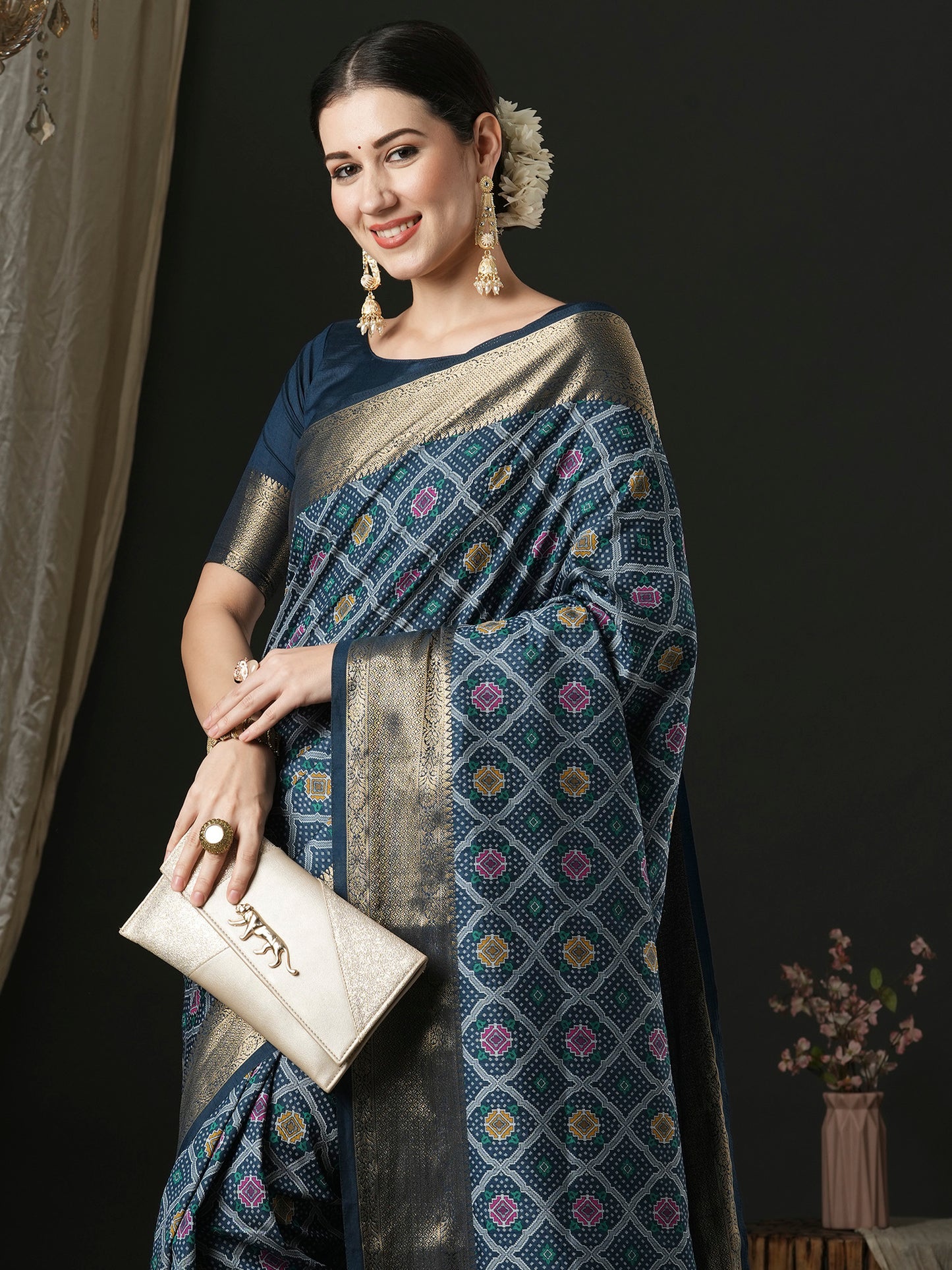 Women's Silk Blend Navy Blue Woven Design Designer Saree With Blouse Piece