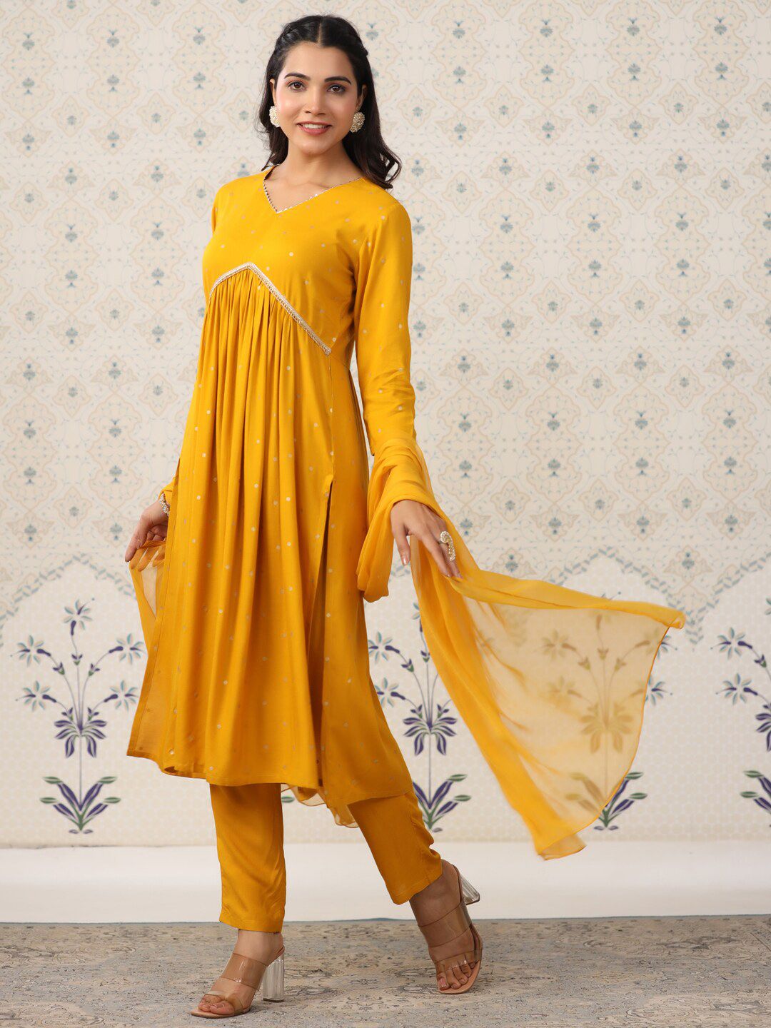 Dhiyona OD Geometric Printed Pleated Kurta & Trousers With Dupatta