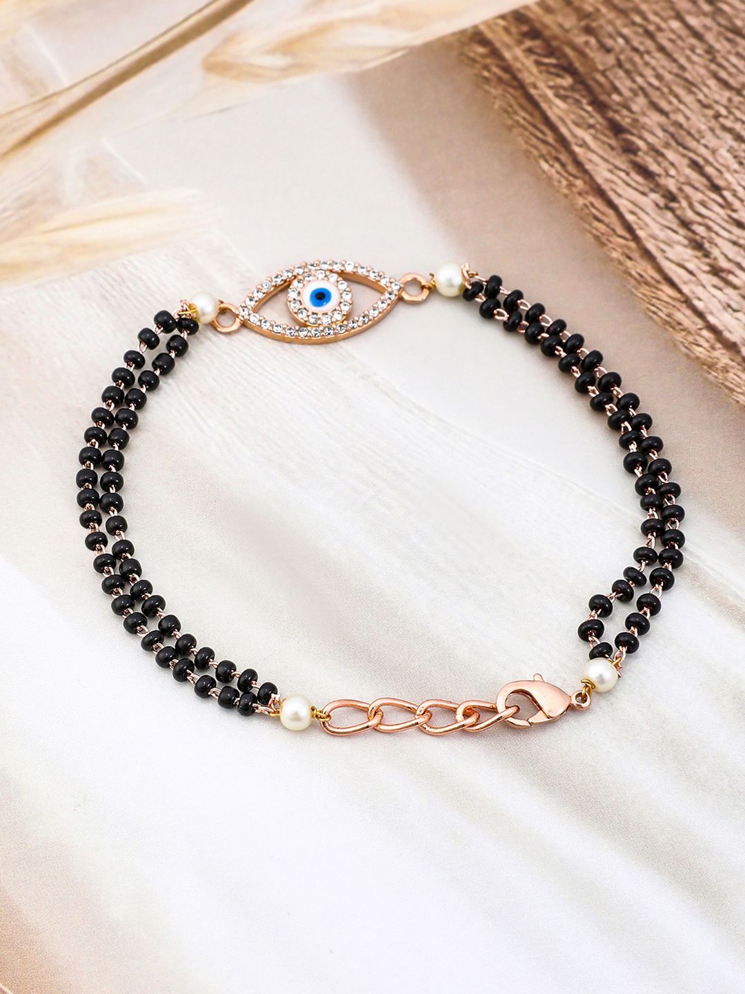 Dhiyona RJ Women's 18K Rose Gold-Plated Evil Eye Mangalsutra Bracelet with CubicZirconia & Black Beads