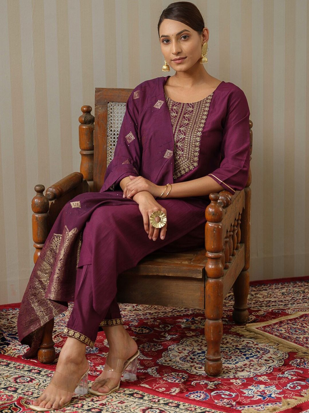 Dhiyona OD Purple Ethnic Motifs Straight Kurta & Trousers With Dupatta