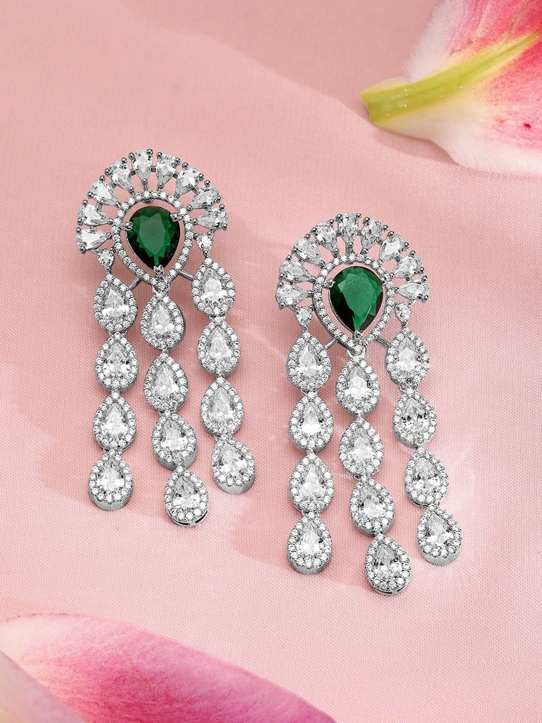 Dhiyona RJ Women's Silver-Plated EmeraldGreen & White CubicZirconia Multilayer Luxurious Jewellery Set
