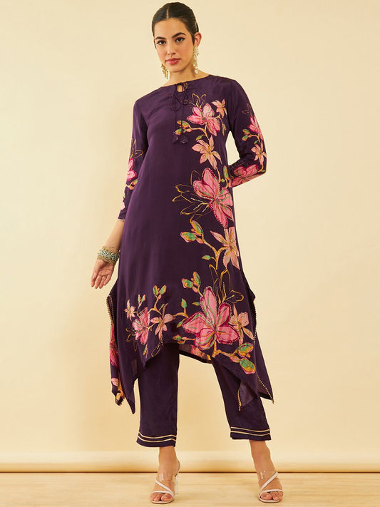 Dhiyona SO Women's Floral Printed Tie-Up Neck Three-Quarter Sleeves Mukaish Kurta Set