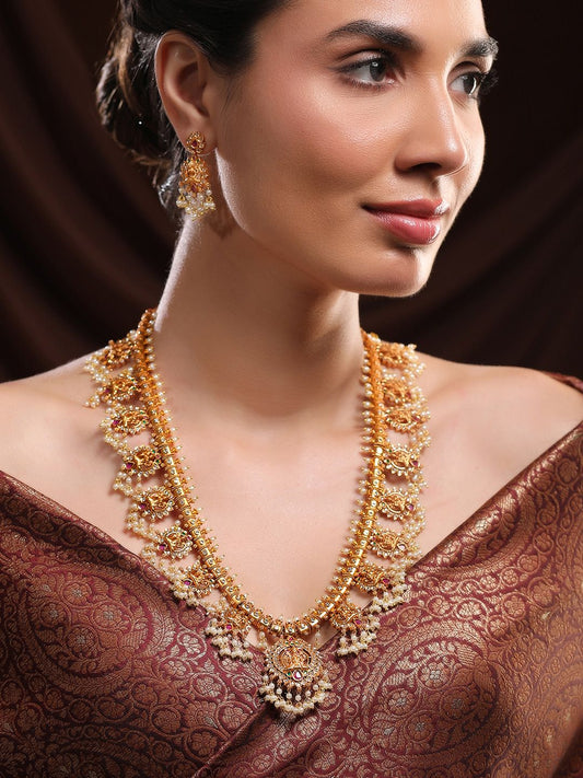 Dhiyona RJ Women's 24K Gold-Plated Divine Lakshmi Temple Necklace Set with Ruby Stones & Pearls