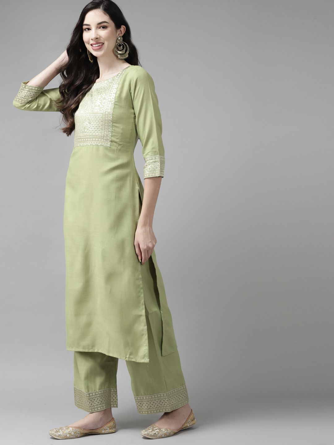 Dhiyona IE Women Green Yoke Design Regular Kurta with Palazzos & Dupatta