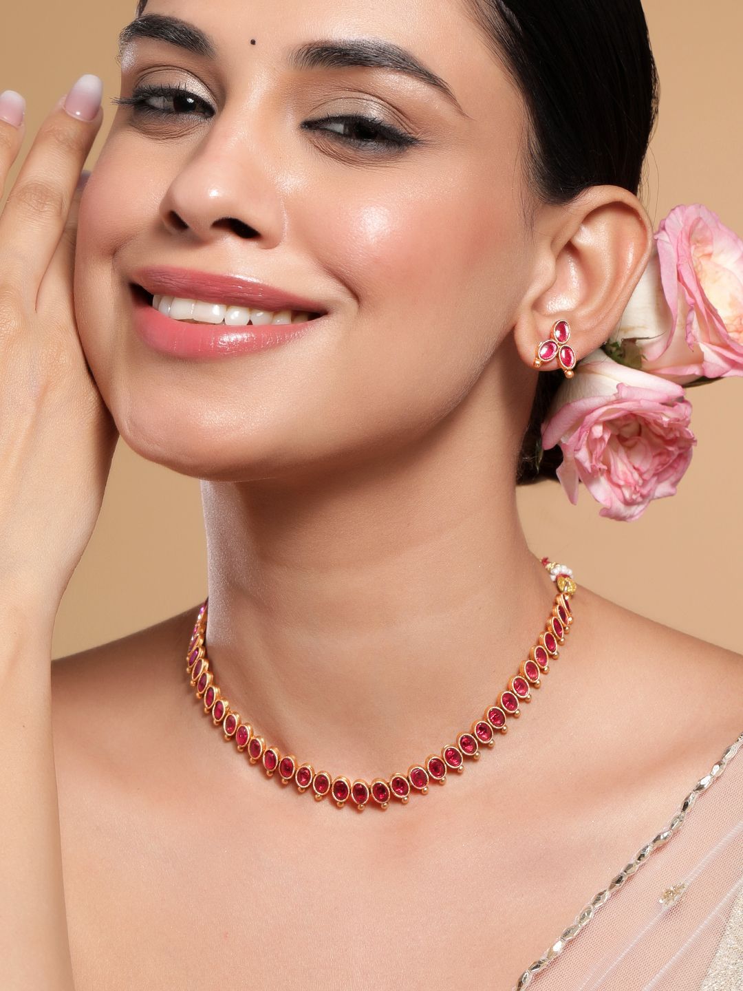 Dhiyona RJ Women's 18K Gold-Plated Ruby Pink Studded Traditional Necklace Set