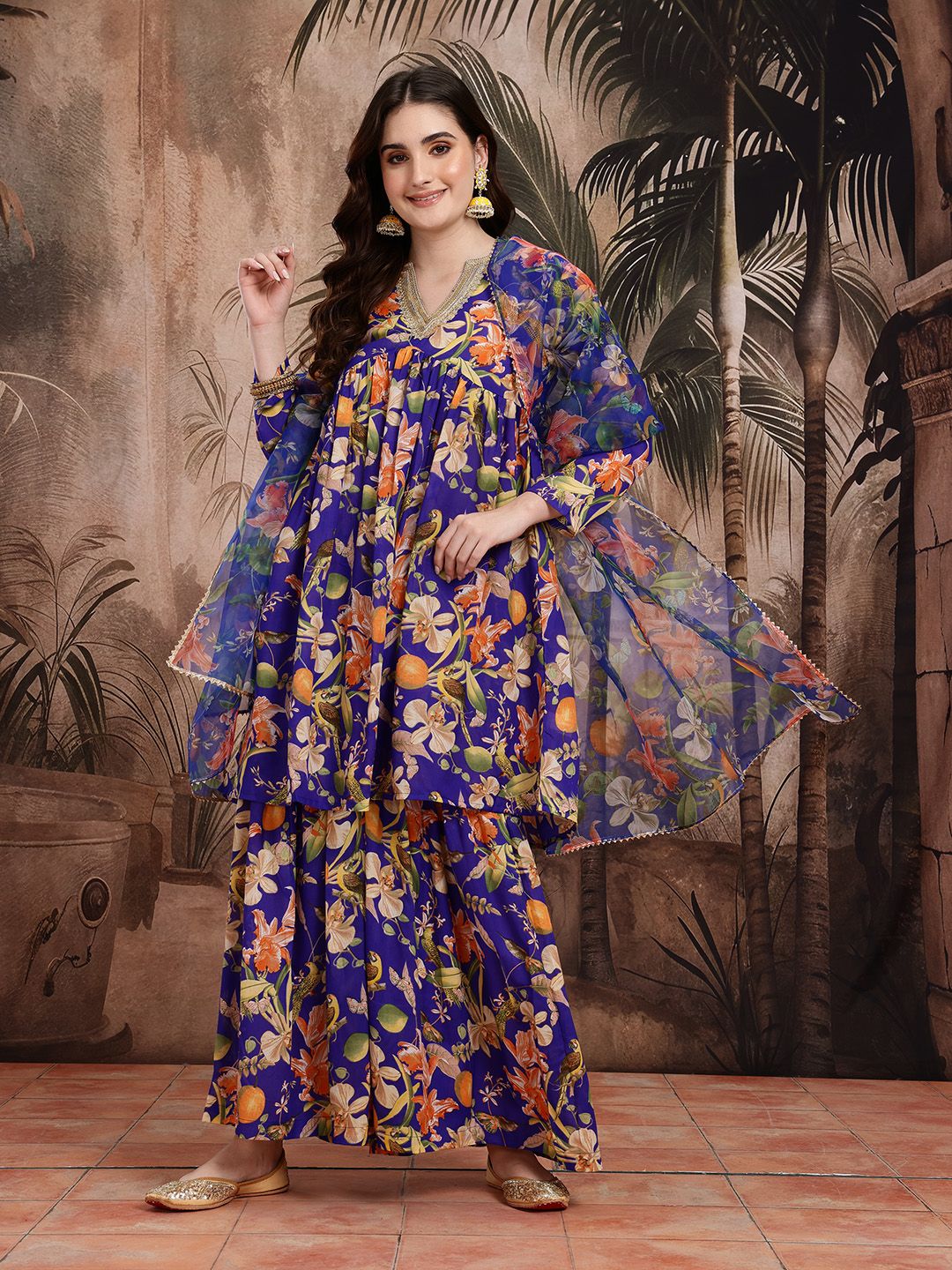 Dhiyona SN Women's Floral Print Empire Kurta with Sharara & Dupatta